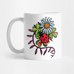 Red ladybug and white daisies on clover leaves Mug